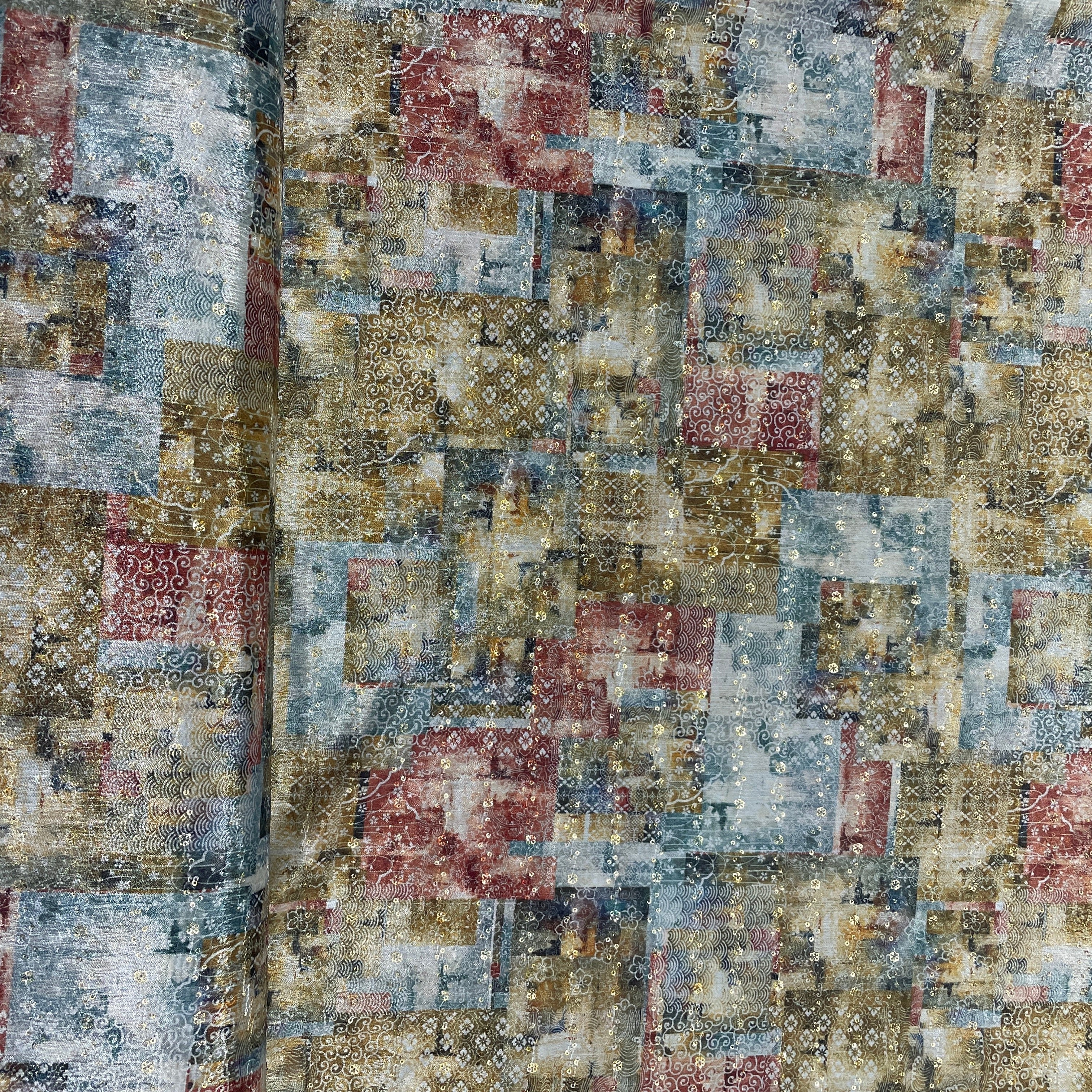 yellow & Multicolor Traditional print Chinon Fabric - Image 3