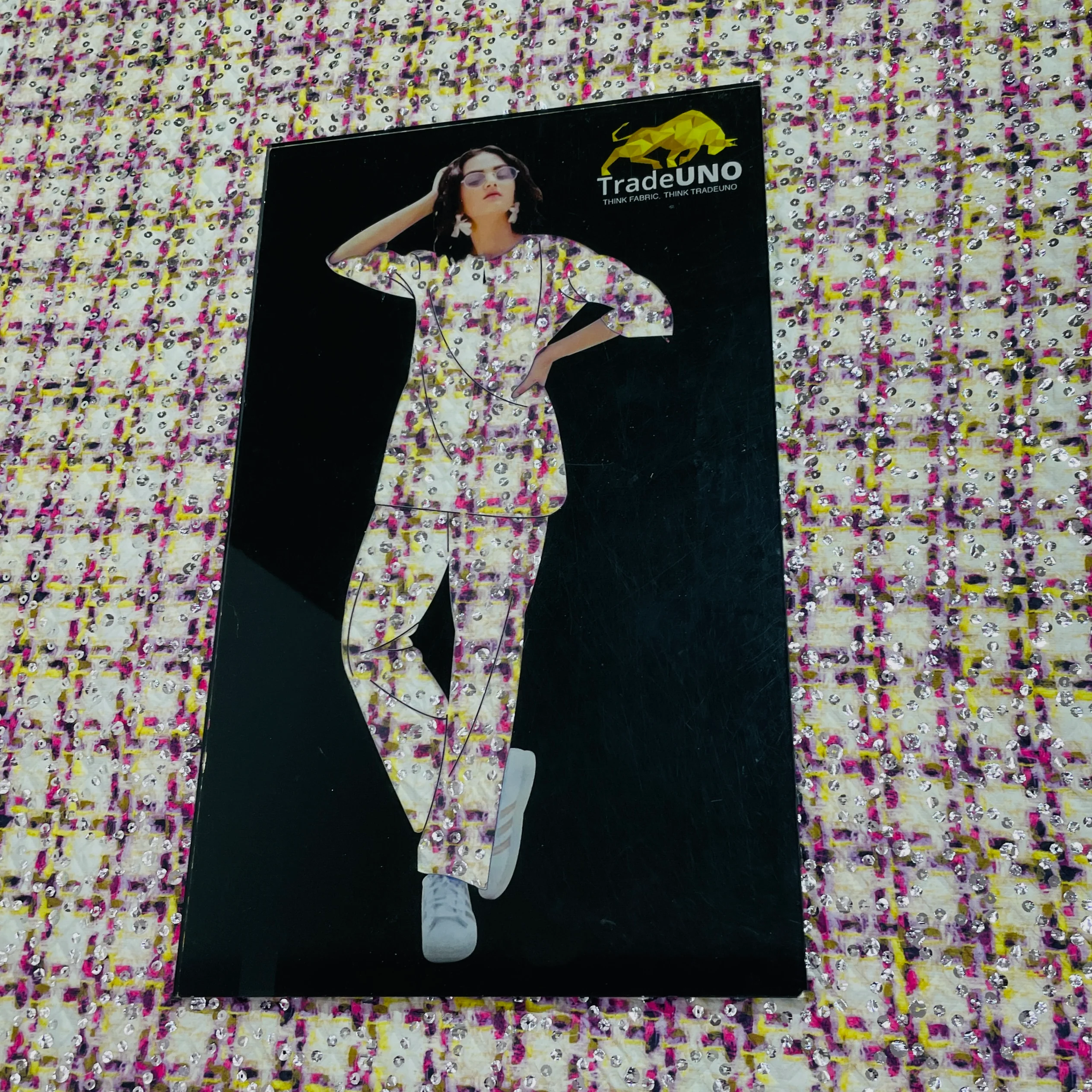 Yellow & Pink  Embossed Satin Fabric - Image 4