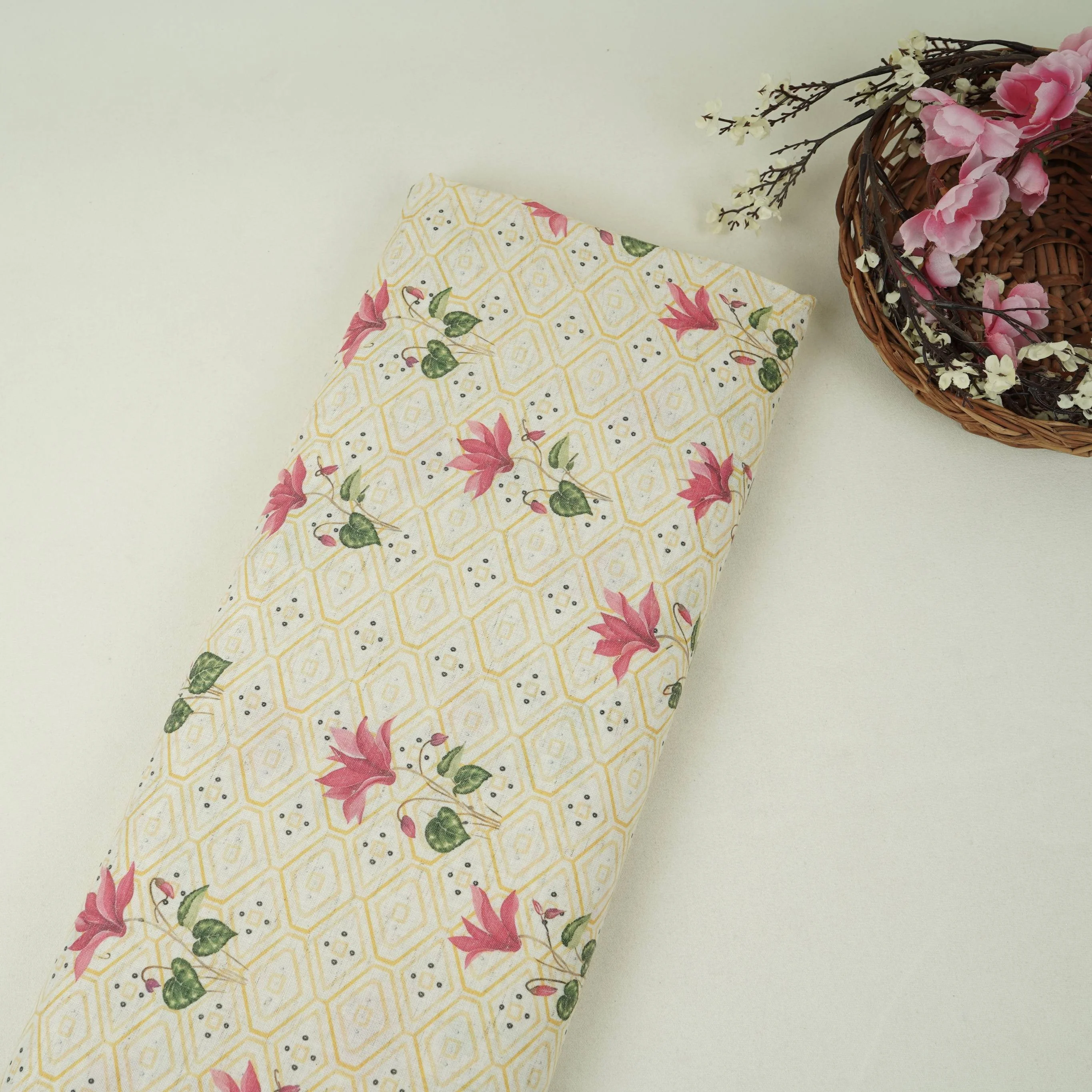 Yellow & White Floral Geometrical Print Cotton Fabric DE-32460