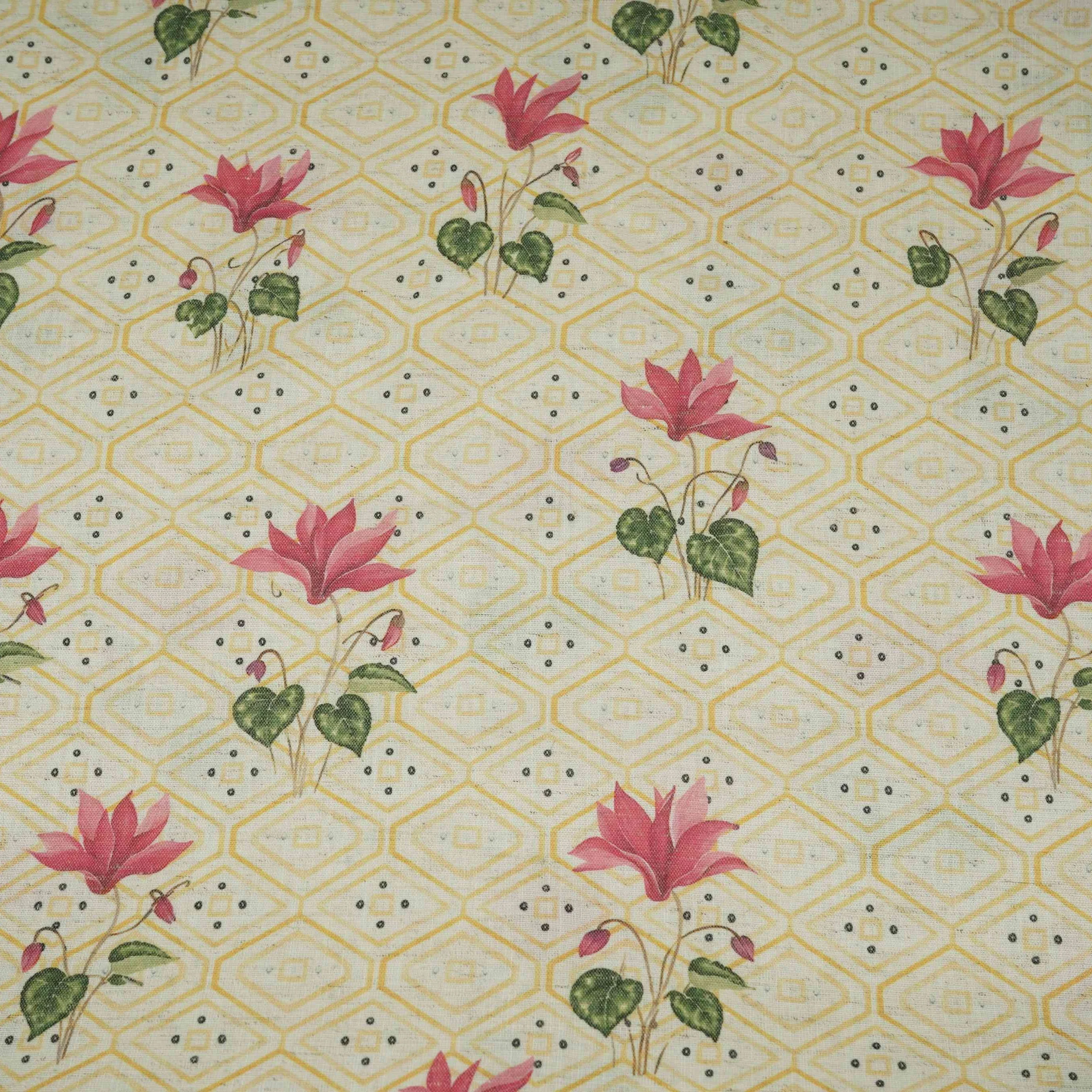 Yellow & White Floral Geometrical Print Cotton Fabric DE-32460 - Image 2