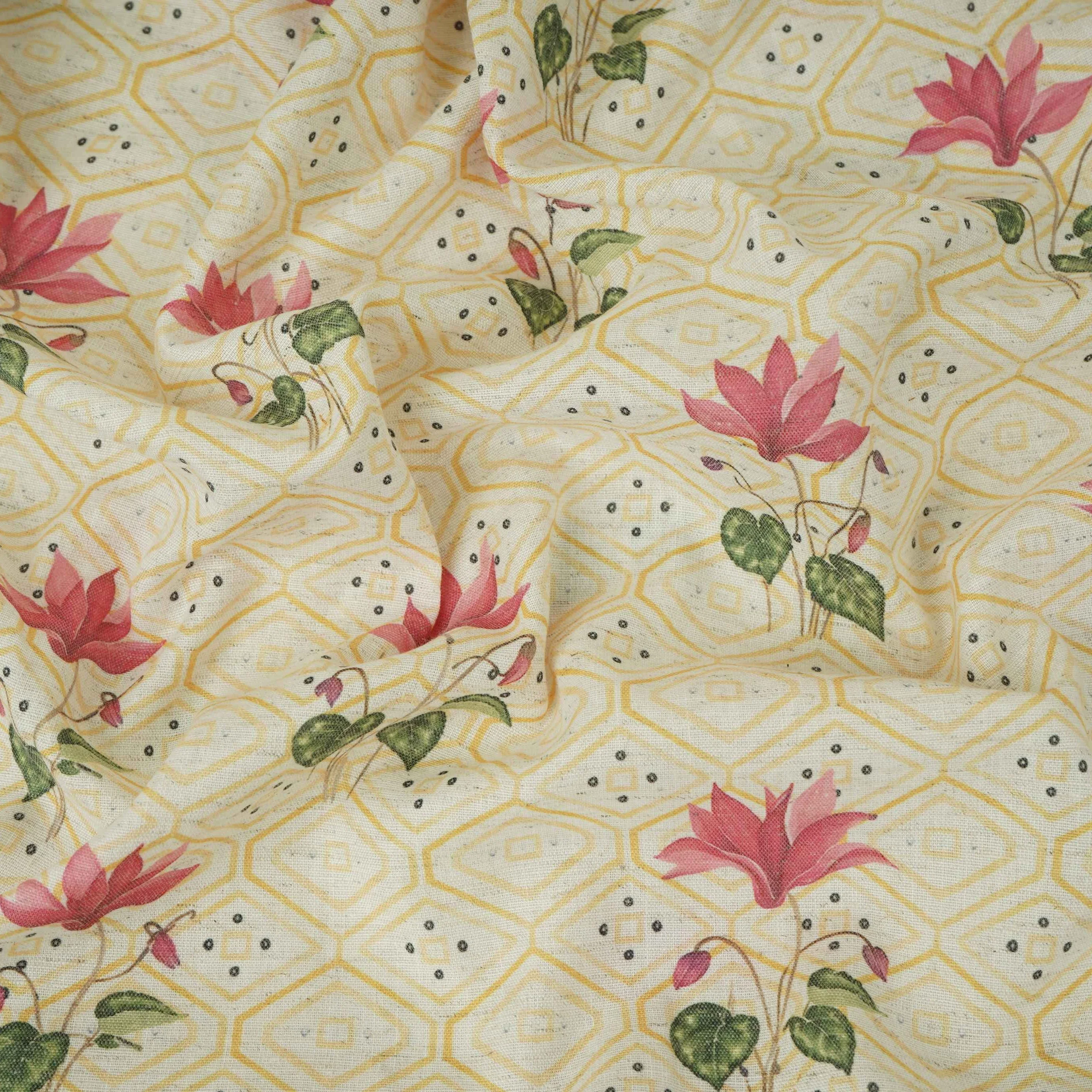 Yellow & White Floral Geometrical Print Cotton Fabric DE-32460 - Image 3