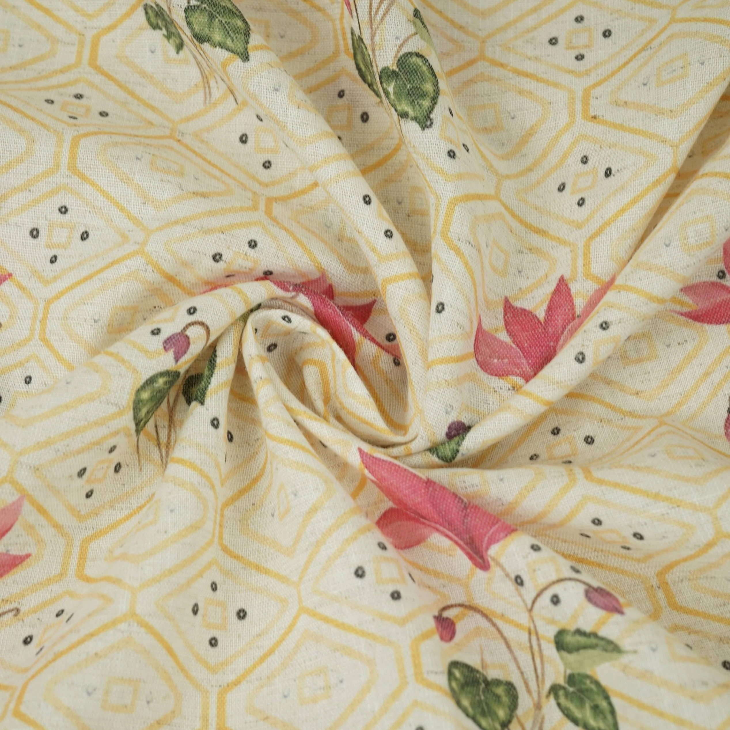 Yellow & White Floral Geometrical Print Cotton Fabric DE-32460 - Image 4