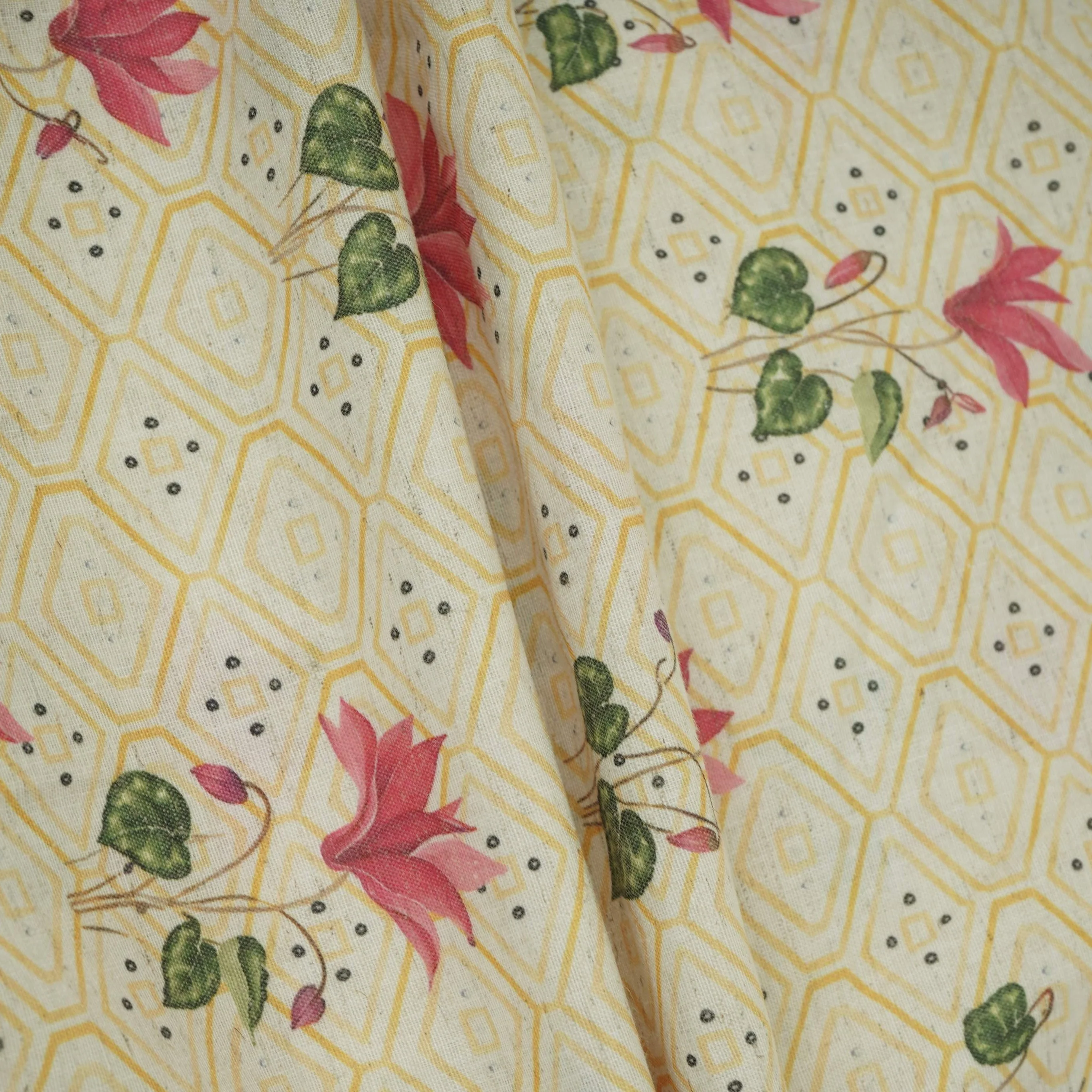 Yellow & White Floral Geometrical Print Cotton Fabric DE-32460 - Image 5