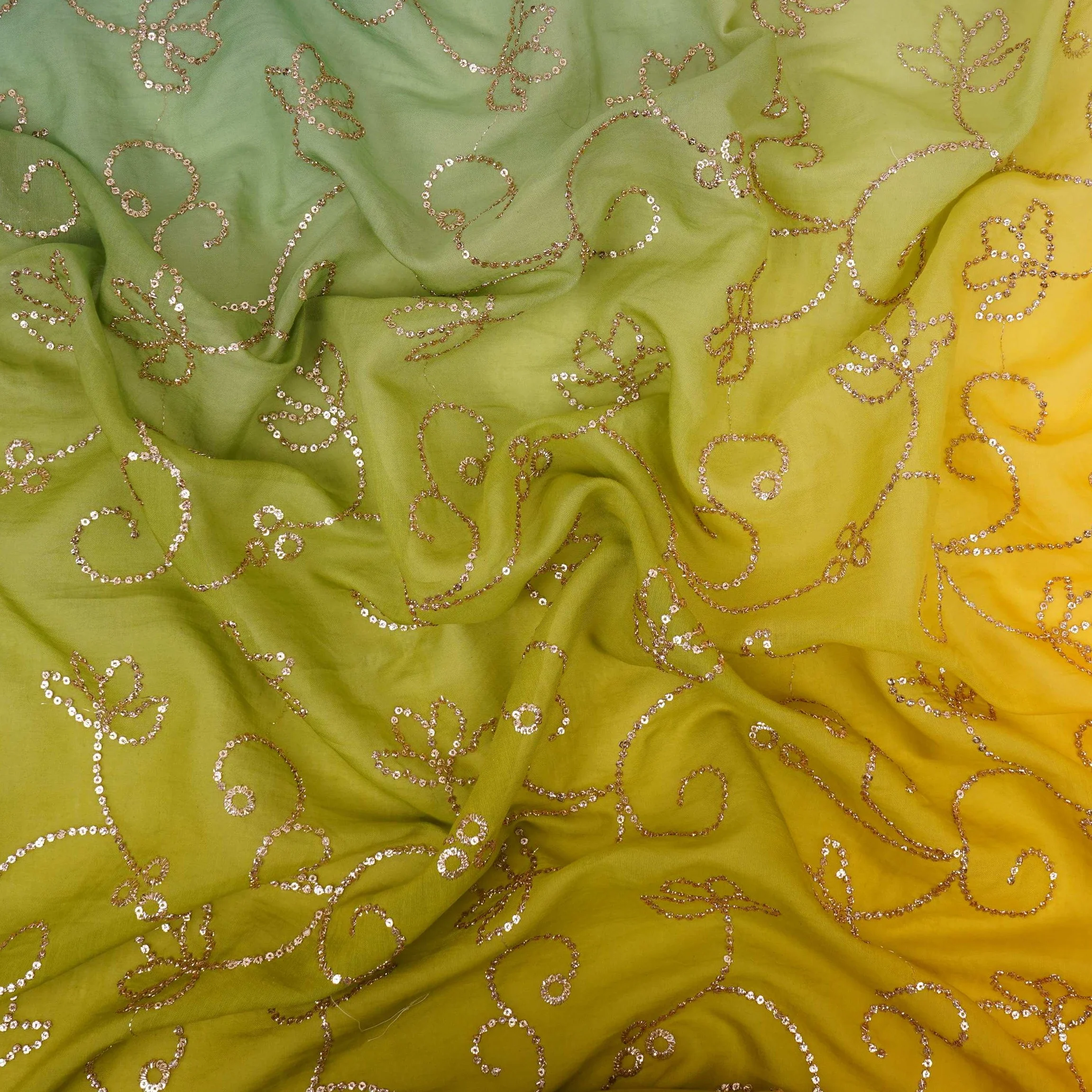 Yellow with Grey 4D Sequins embroidery Malai Chanderi Fabric VF-32235 - Image 3