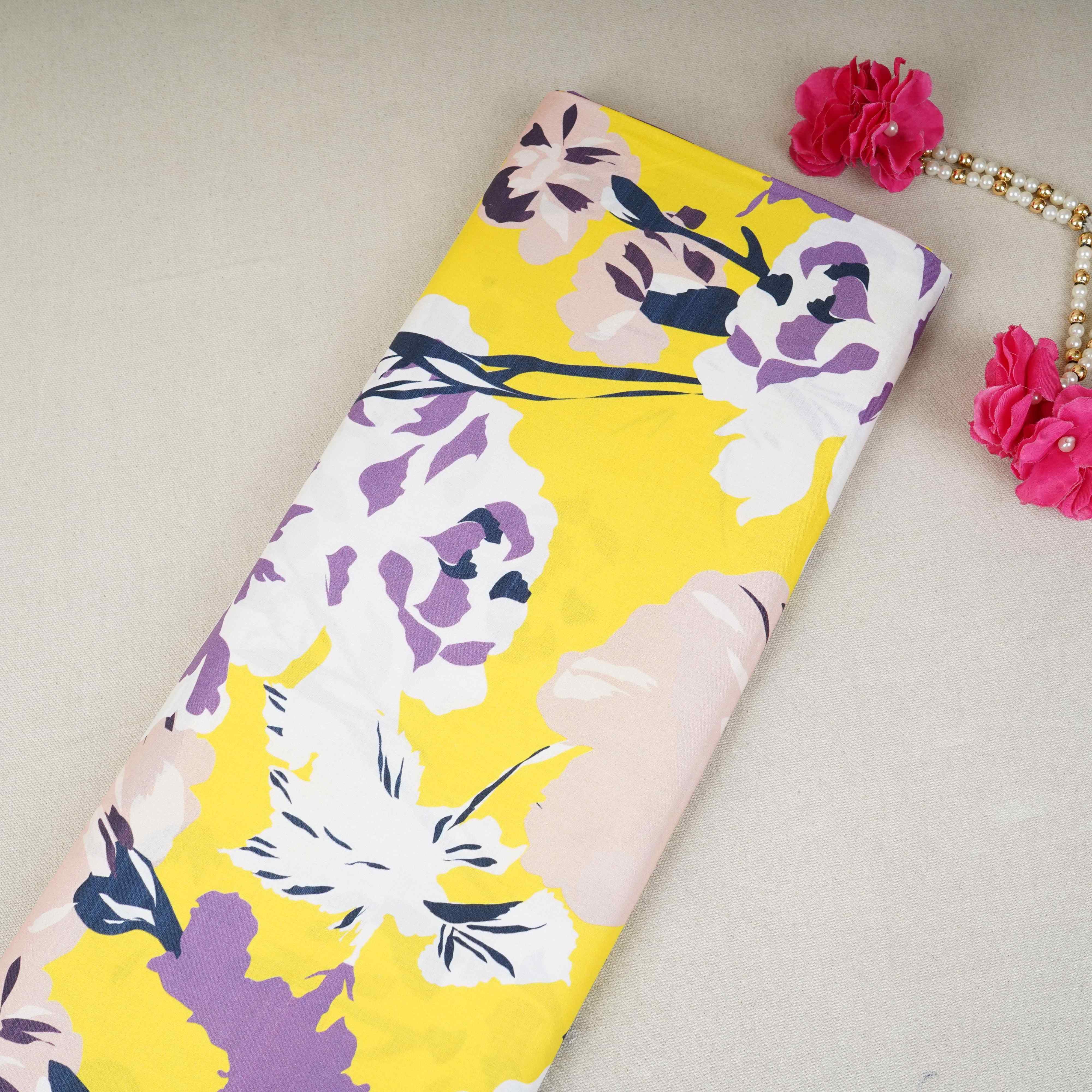 Yellow with White Floral Print Cotton Mulmul Fabric PG-30455